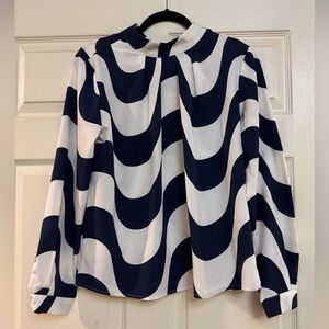 SHEIN Navy and White Wave Print Blouse